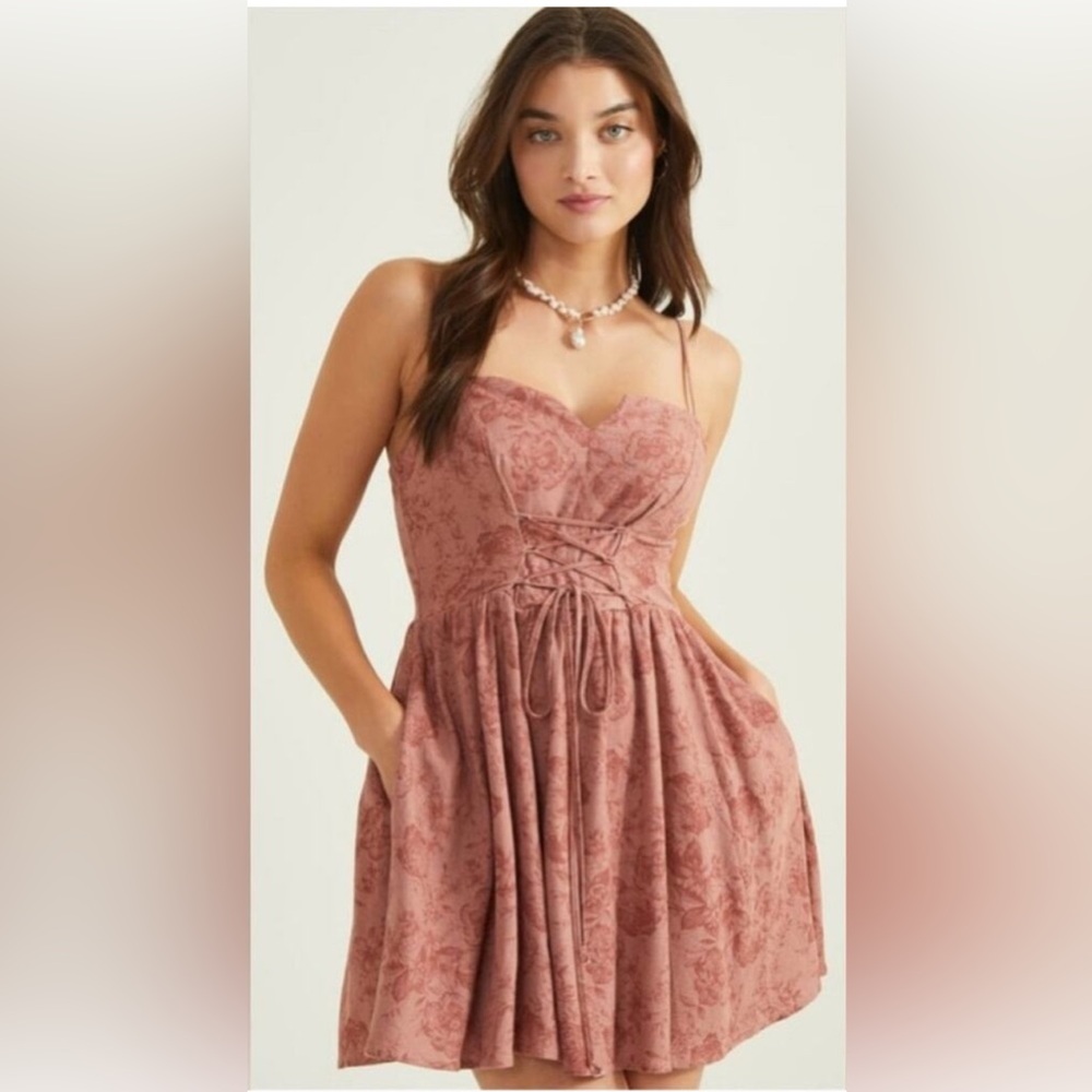 Altar’d state vintage floral corset lace up mini dress in dusty rose